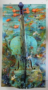 Scherzo for Goldfish and Violin, 2014 m/m on wood panel with violin 28" x 12" 
